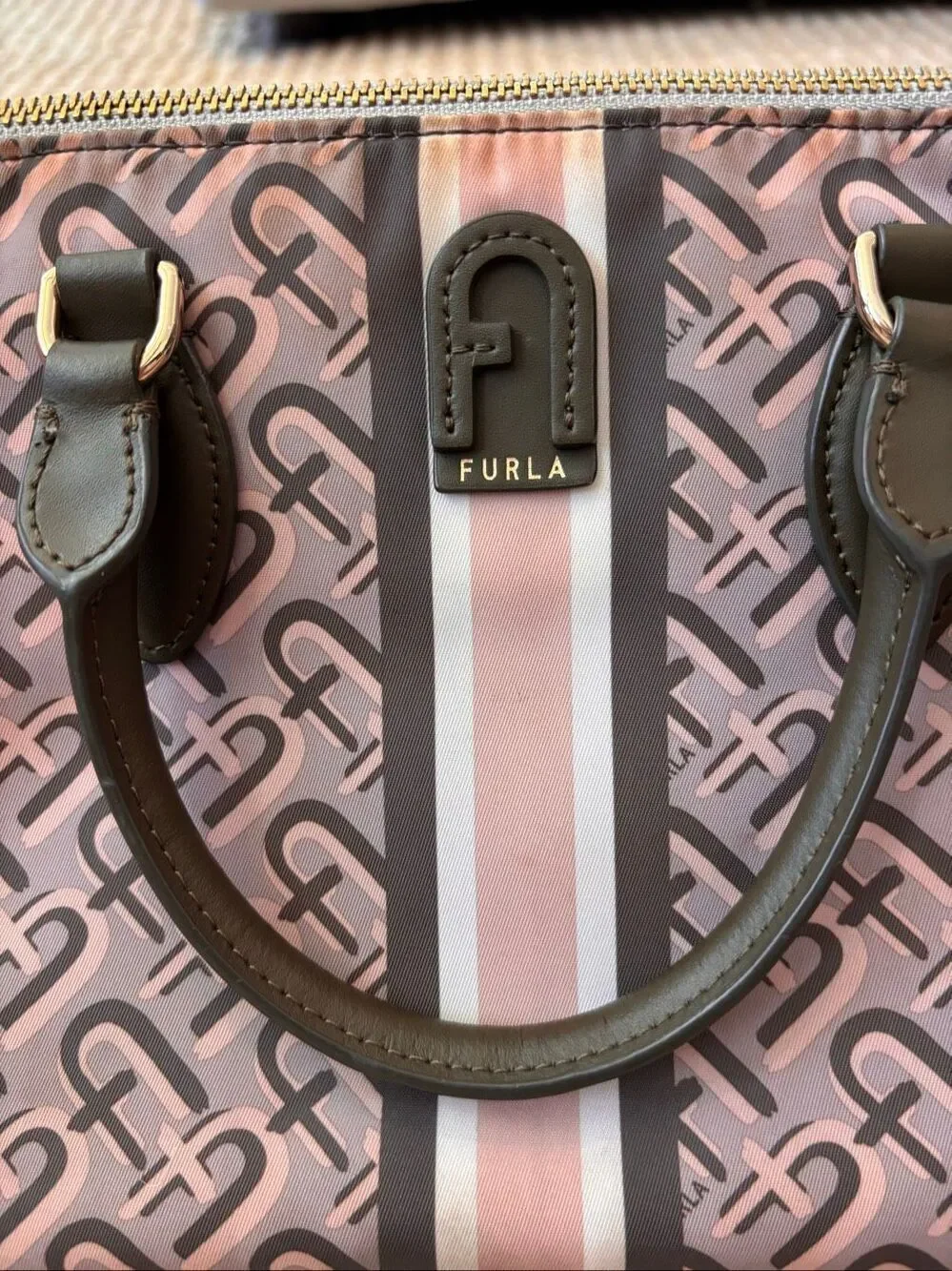 Furla Monogram Nylon Satchel Crossbody Bag Pink Green Stripe Designer Tote, $395